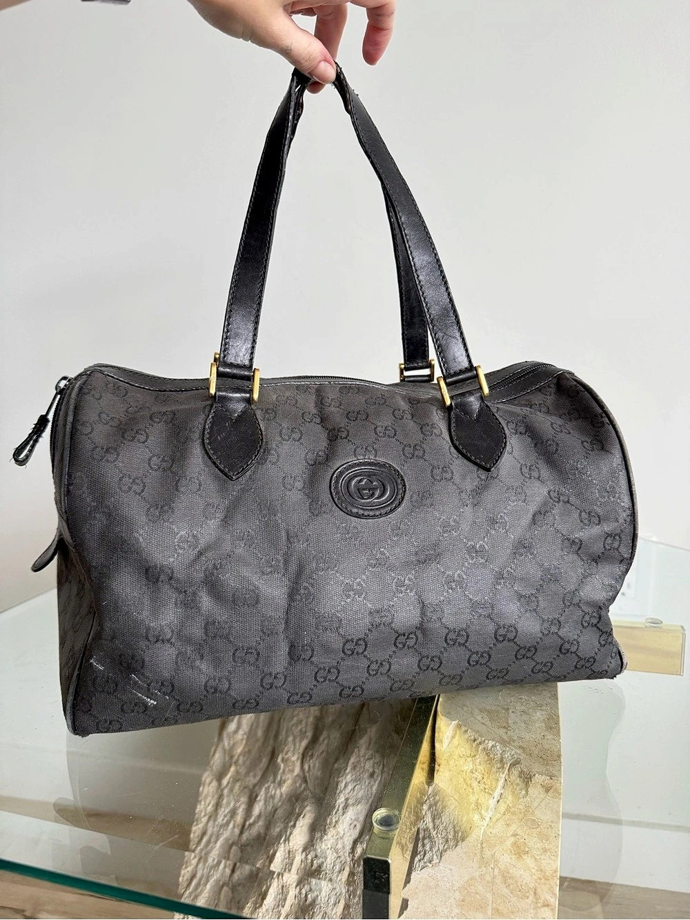 Gucci Vintage GG Monogram Canvas Boston Bag Black